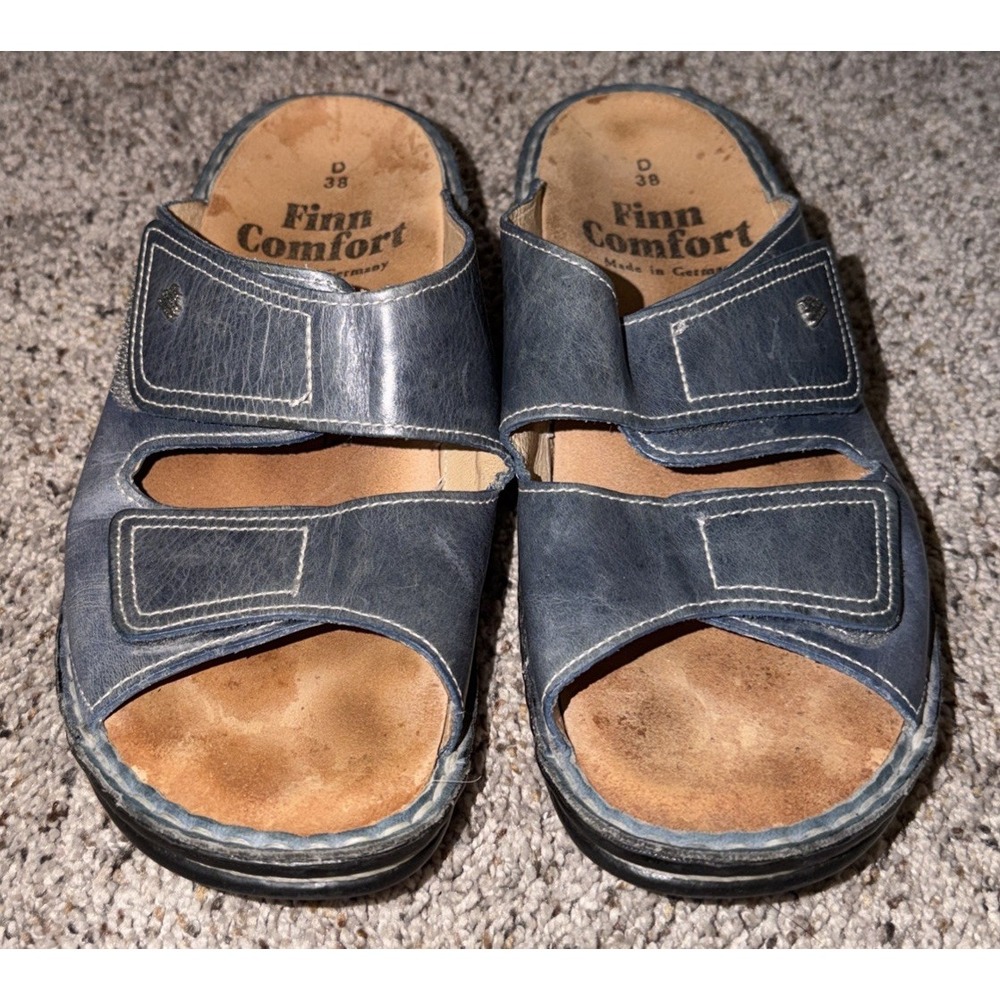 Finn Comfort Women's Sandals 38 US 7.5 D Blue Leather Germany Hook Loop Comfort